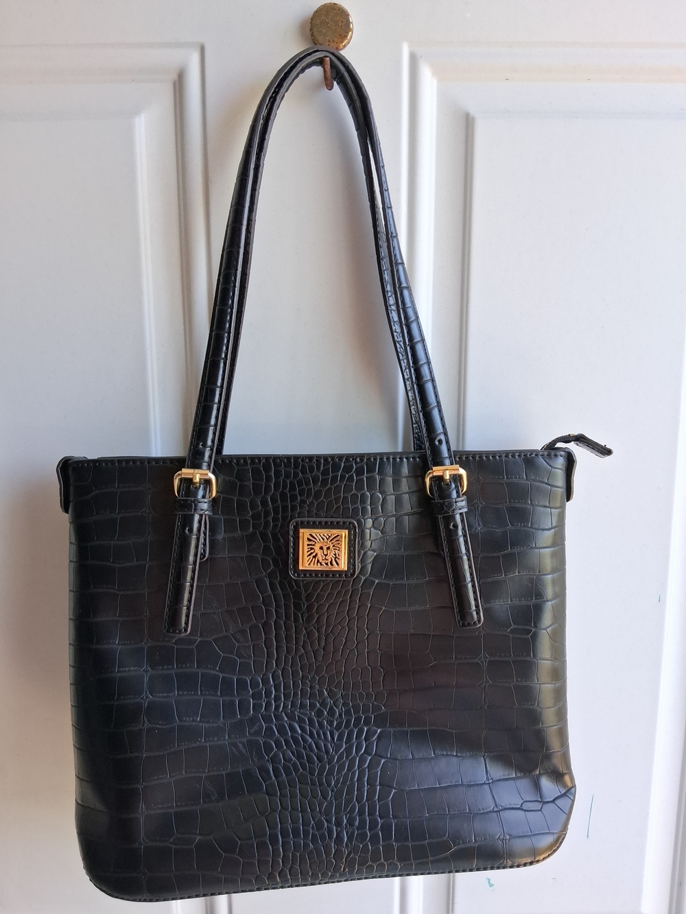 Anne Klein Black Croc-Embossed Tote with Gold Plaque